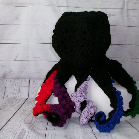 Black and Rainbow Crochet Octopus Hat Adult Size main image 6